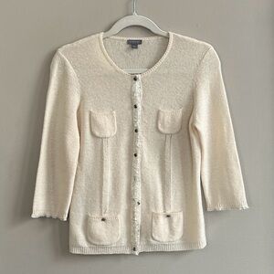 Ann Taylor cream 3/4 sleeve velour trim wool blend cardigan sweater size medium
